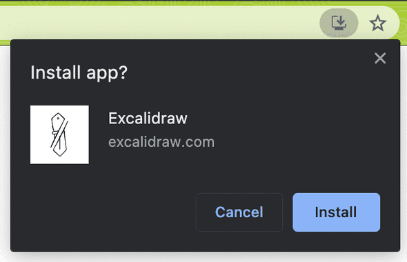 Excalidraw prompting the user to install the app in Chrome on macOS. Excalidraw prompting the user to install the app in Chrome on macOS.